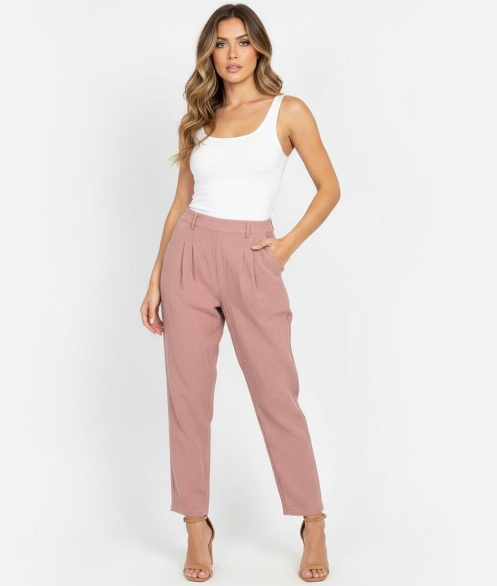 Halara Work Pants Size Large Pink Pleated Tapered Leg Pockets Linen Like Office
